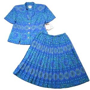 Vtg Leslie Fay Pleated Skirt Blazer Set 12 Blue Green Geometric 80s 90s Work NEW